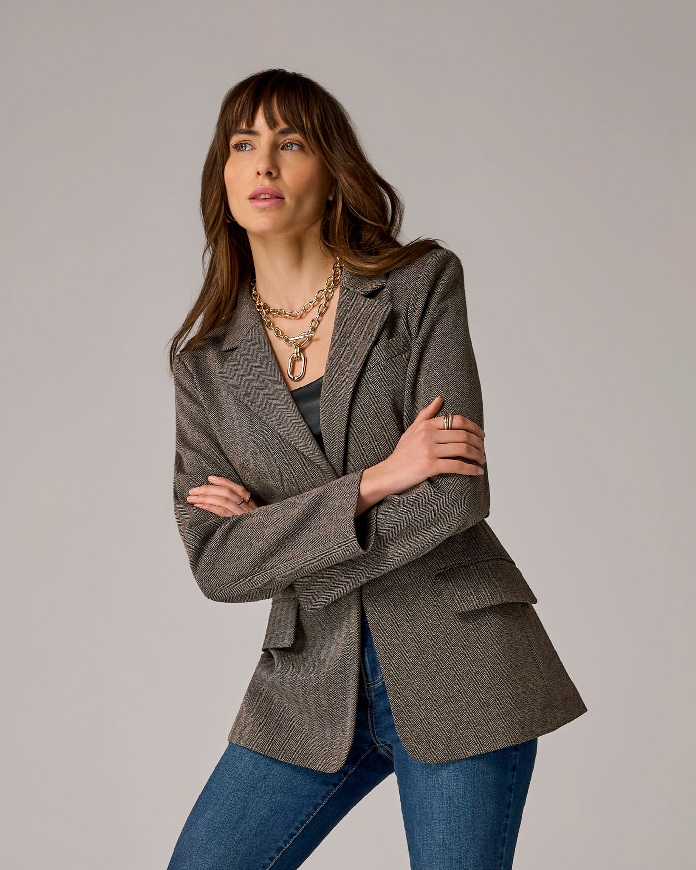 Stretch Jacquard Herringbone Belted Boyfriend Blazer Black Multi