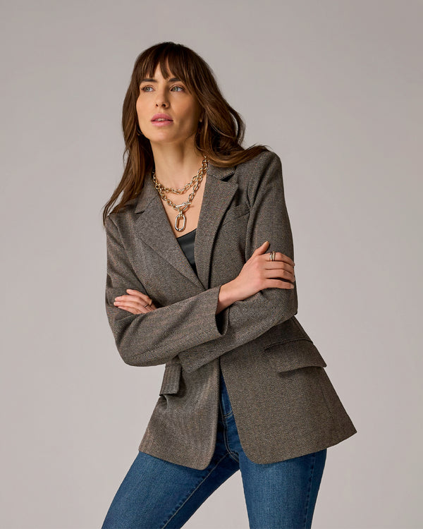 Stretch Jacquard Herringbone Belted Boyfriend Blazer Black Multi
