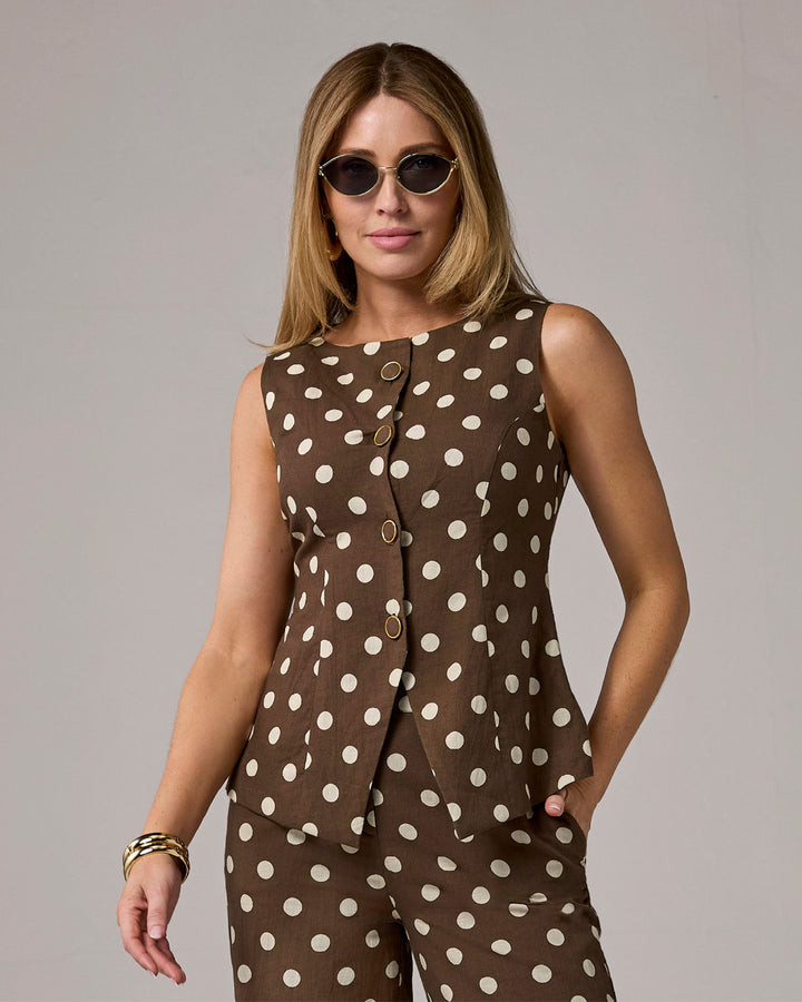 Elevated Linen Dot Printed Vest Chocolate Dot