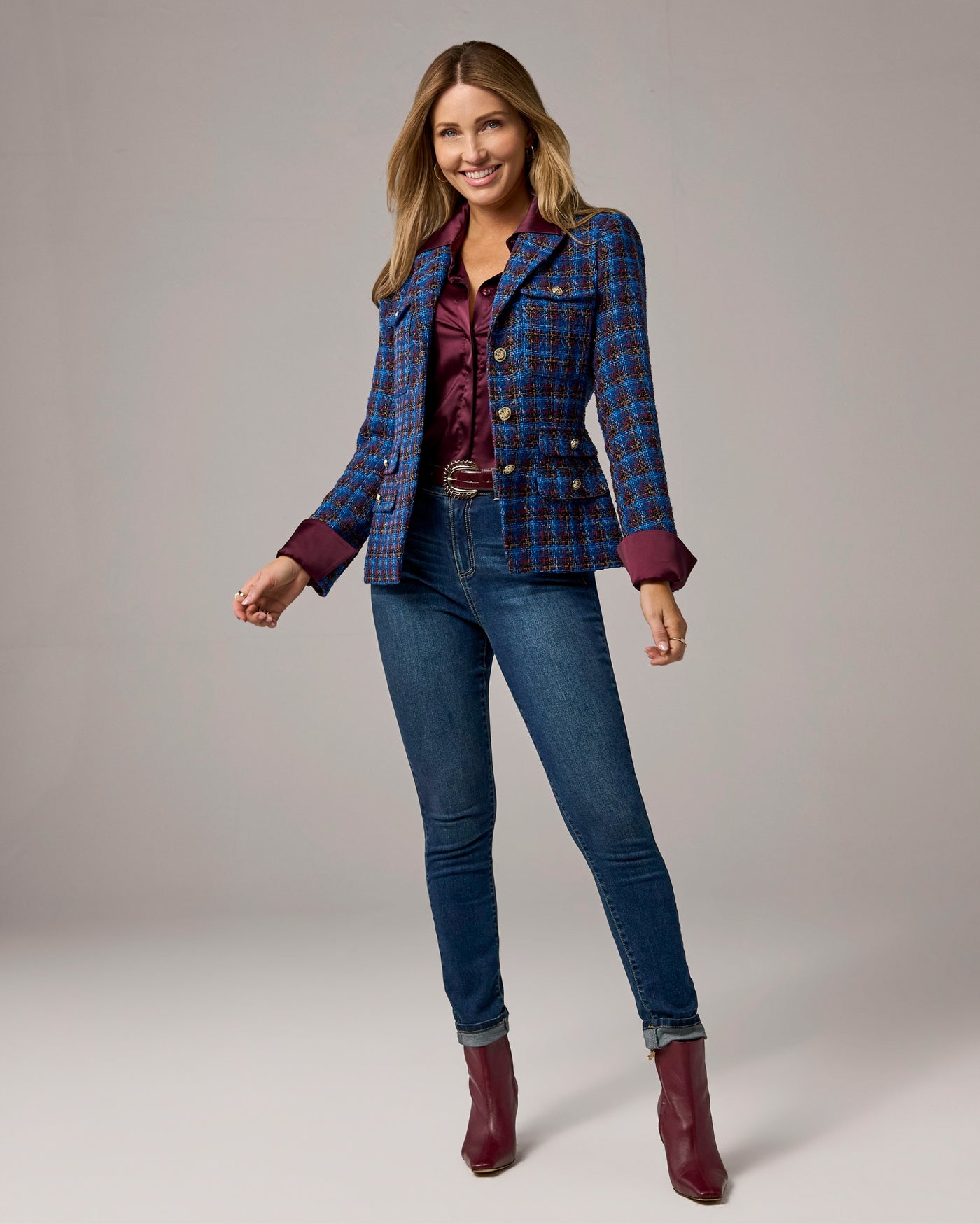 Tweed Cutaway Pocket Detail Jacket Blue Multi
