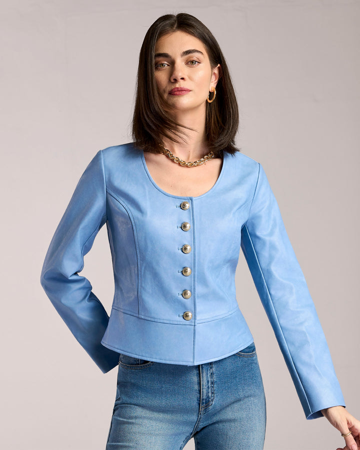 Scoop Neck Button Front Peplum Faux Leather Jacket Allure