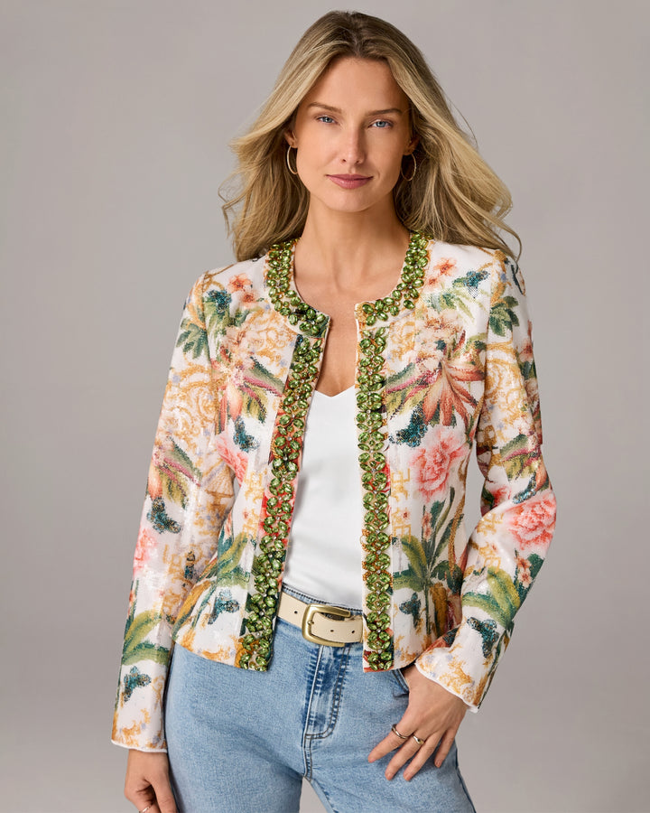 Tropical Printed Embellished Jacket Vacation at the Lotus