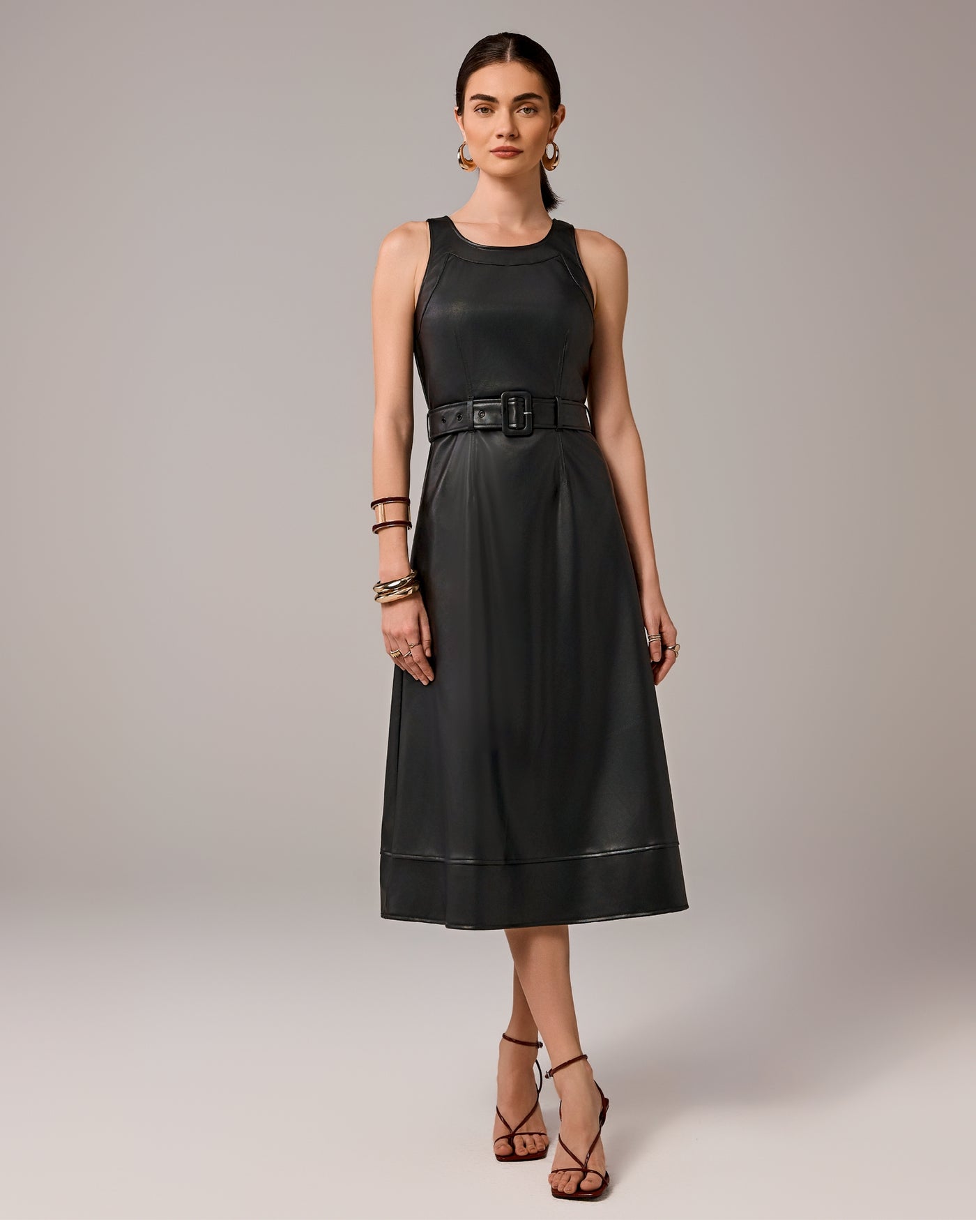 Faux Leather Belted High Neck Dress Proper Black