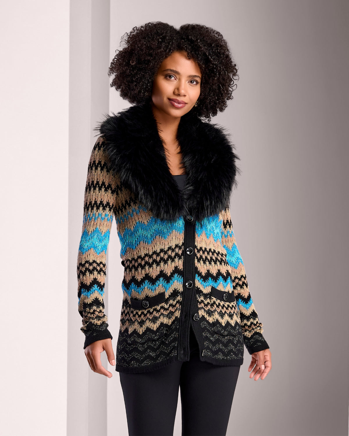 Fur Trimmed Intarsia Duster Black Multi
