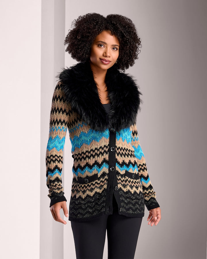 Fur Trimmed Intarsia Duster Black Multi