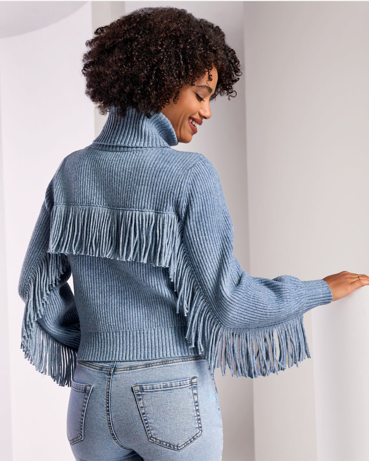 Fringe Sleeve Turtle Neck Sweater Airy Blue/White