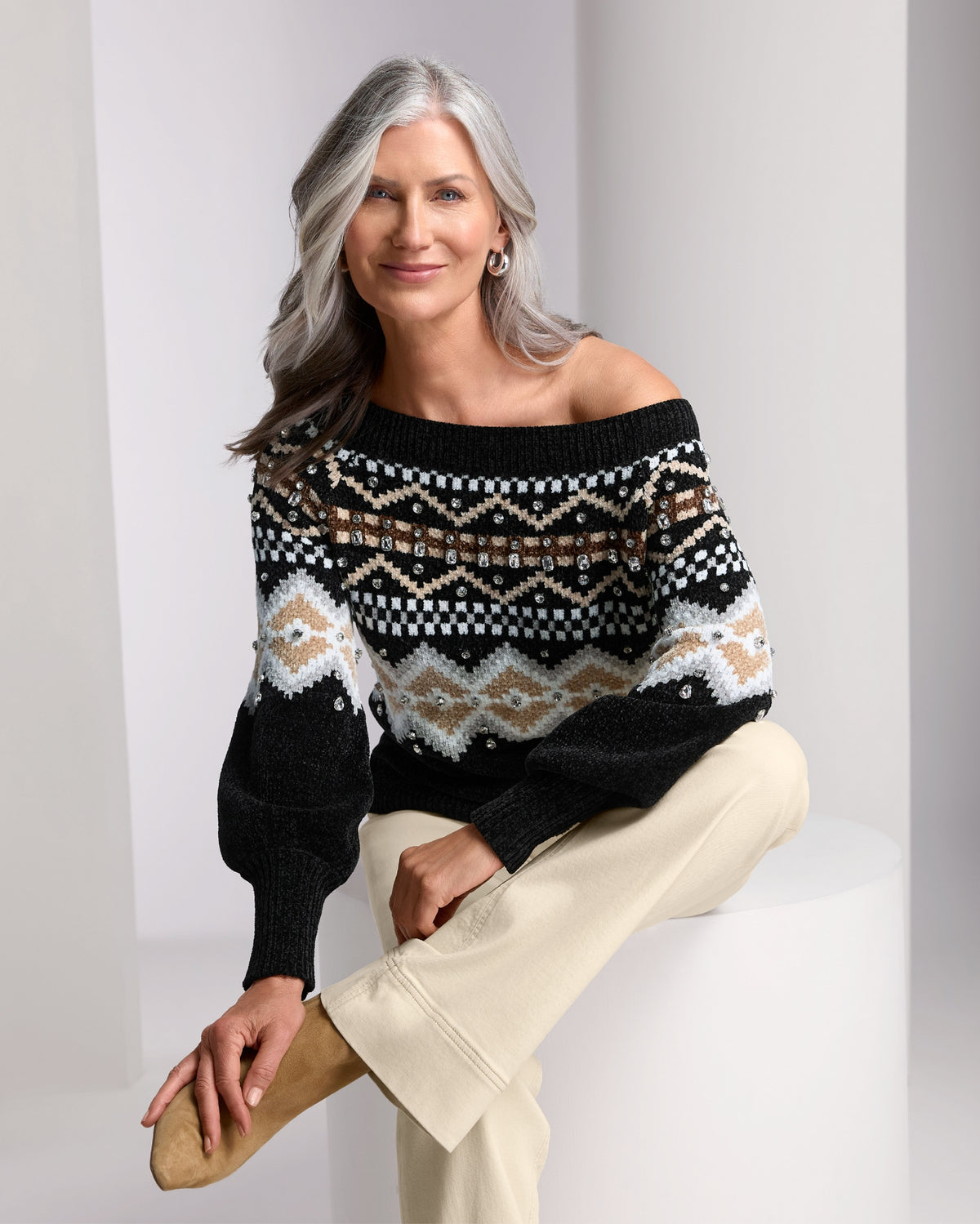 Embellished Fair Isle Slouchy Sweater Black Multi