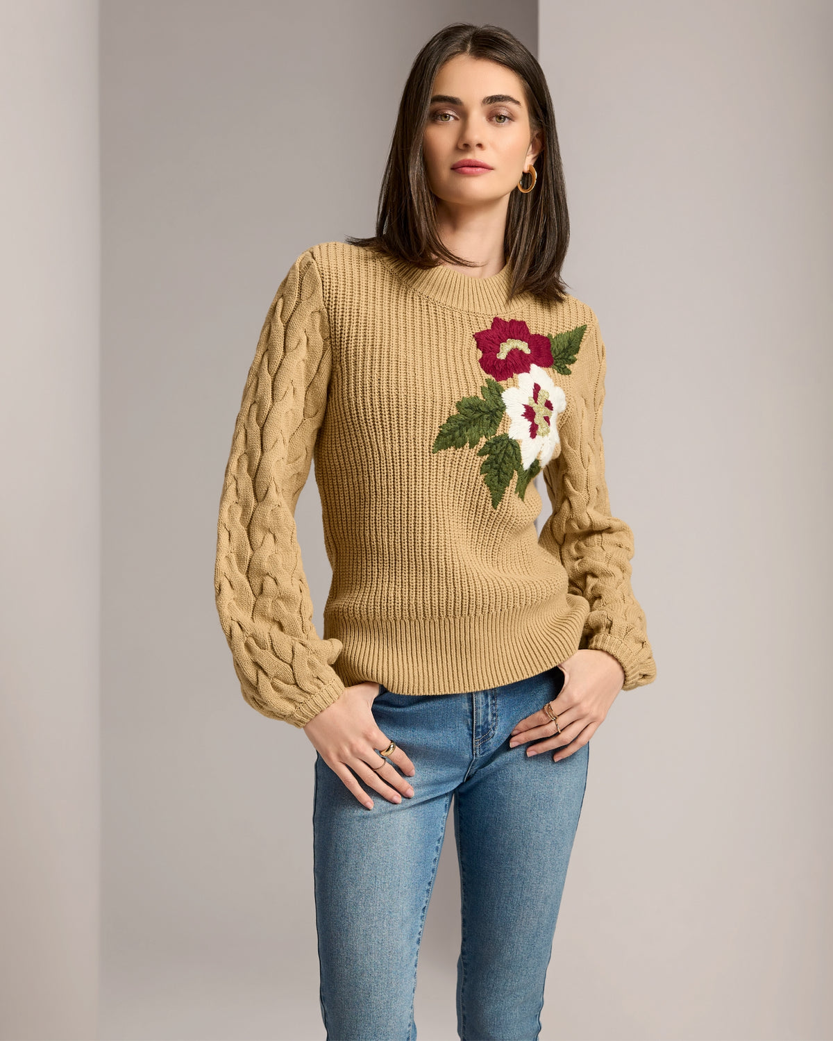 Embroidered Cable Puff Sleeve Sweater Cashmere Tan