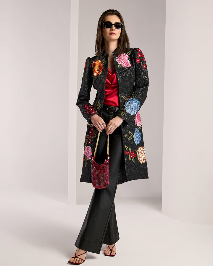 Exploded Floral Applique Embellished Brocade Jacket Black