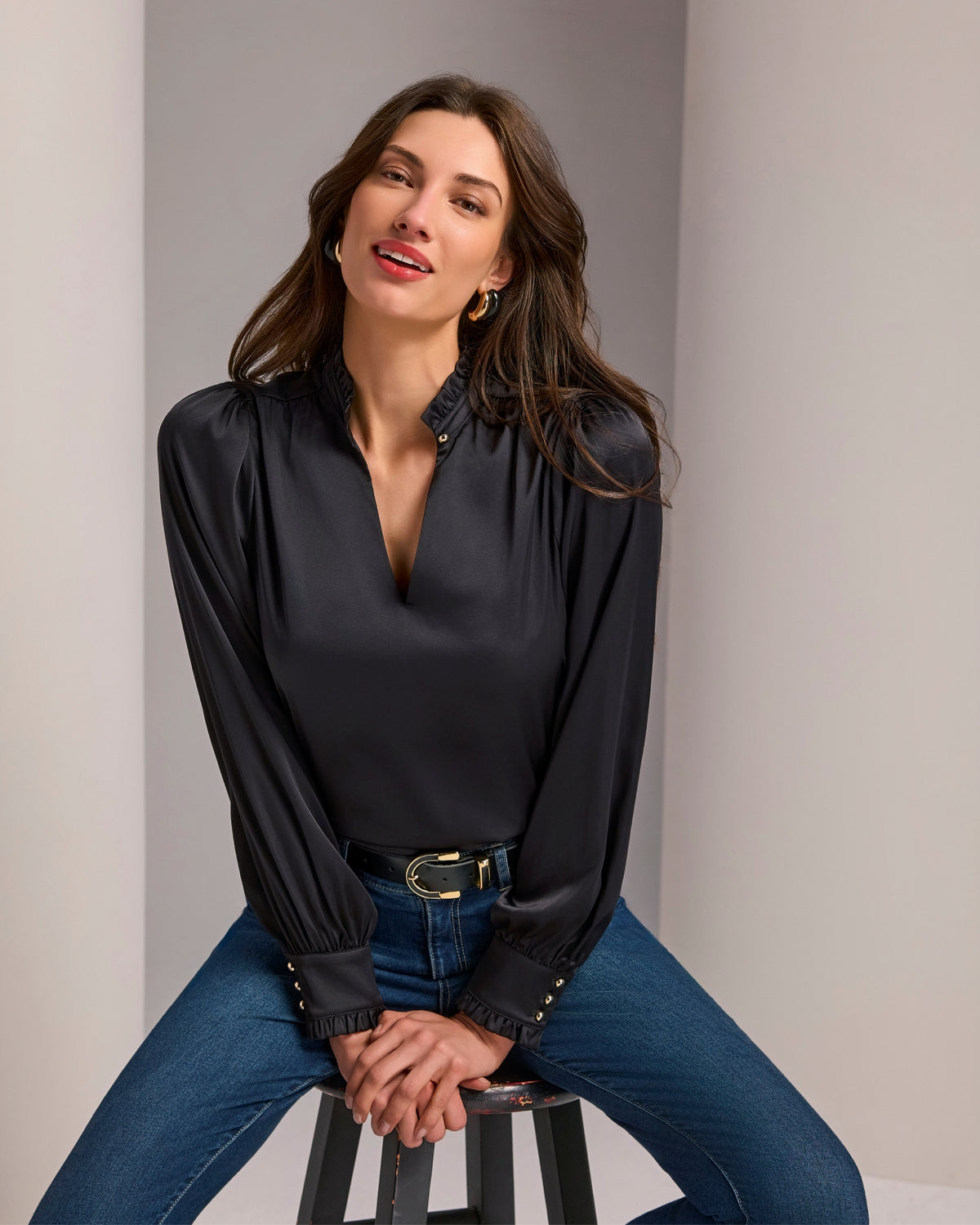 Charmeuse Ruffle Collar Long Sleeve Blouse Proper Black