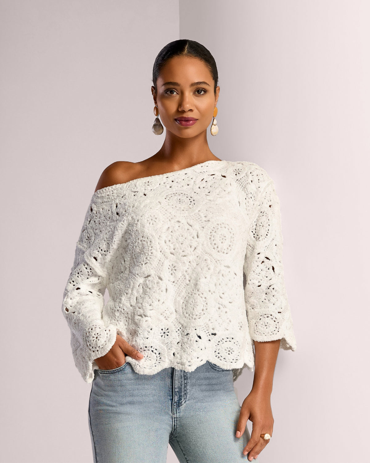 Chenille Crochet Boatneck Pull Over Sweater Off White