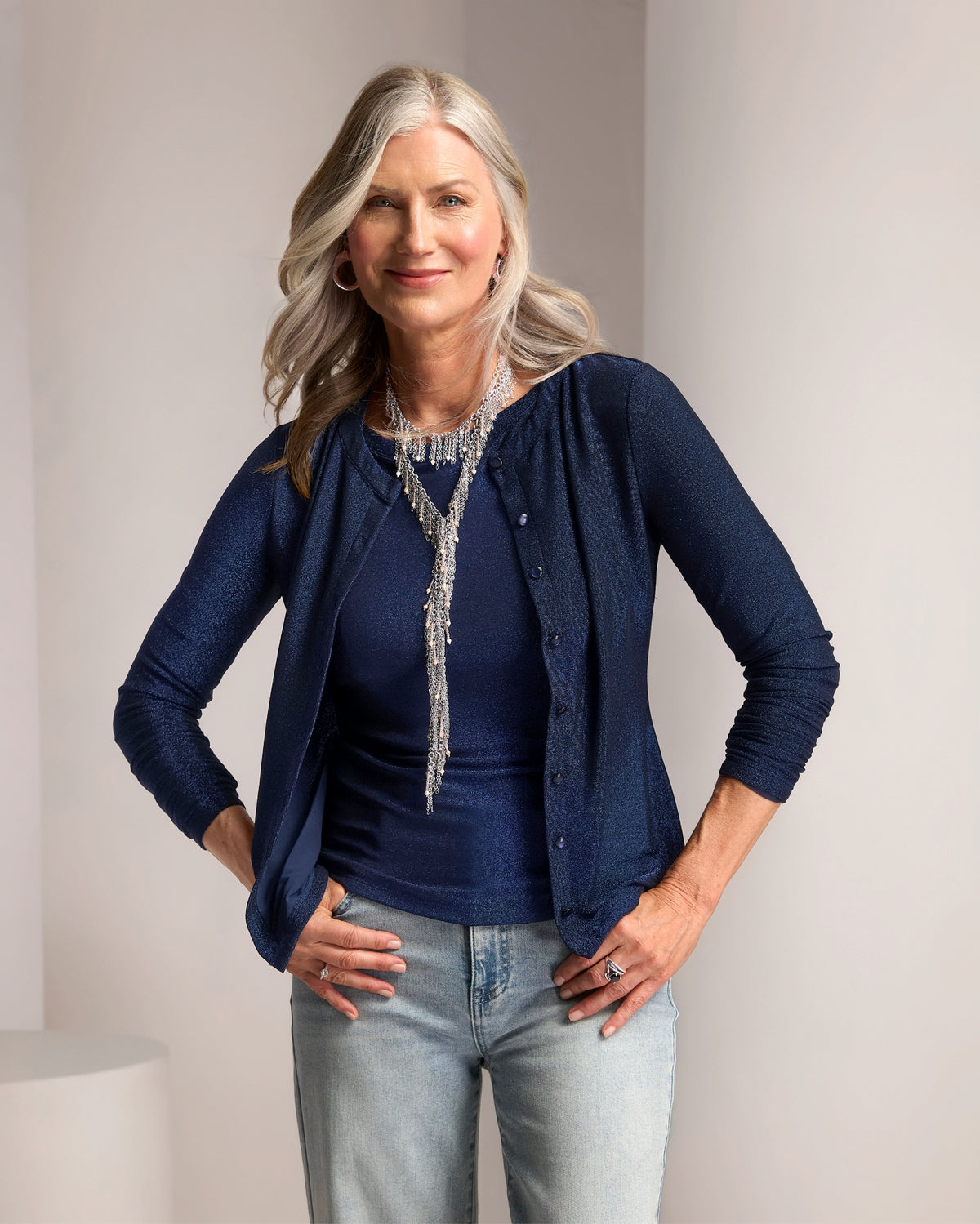 Shimmer Button Up Top Navy Blue