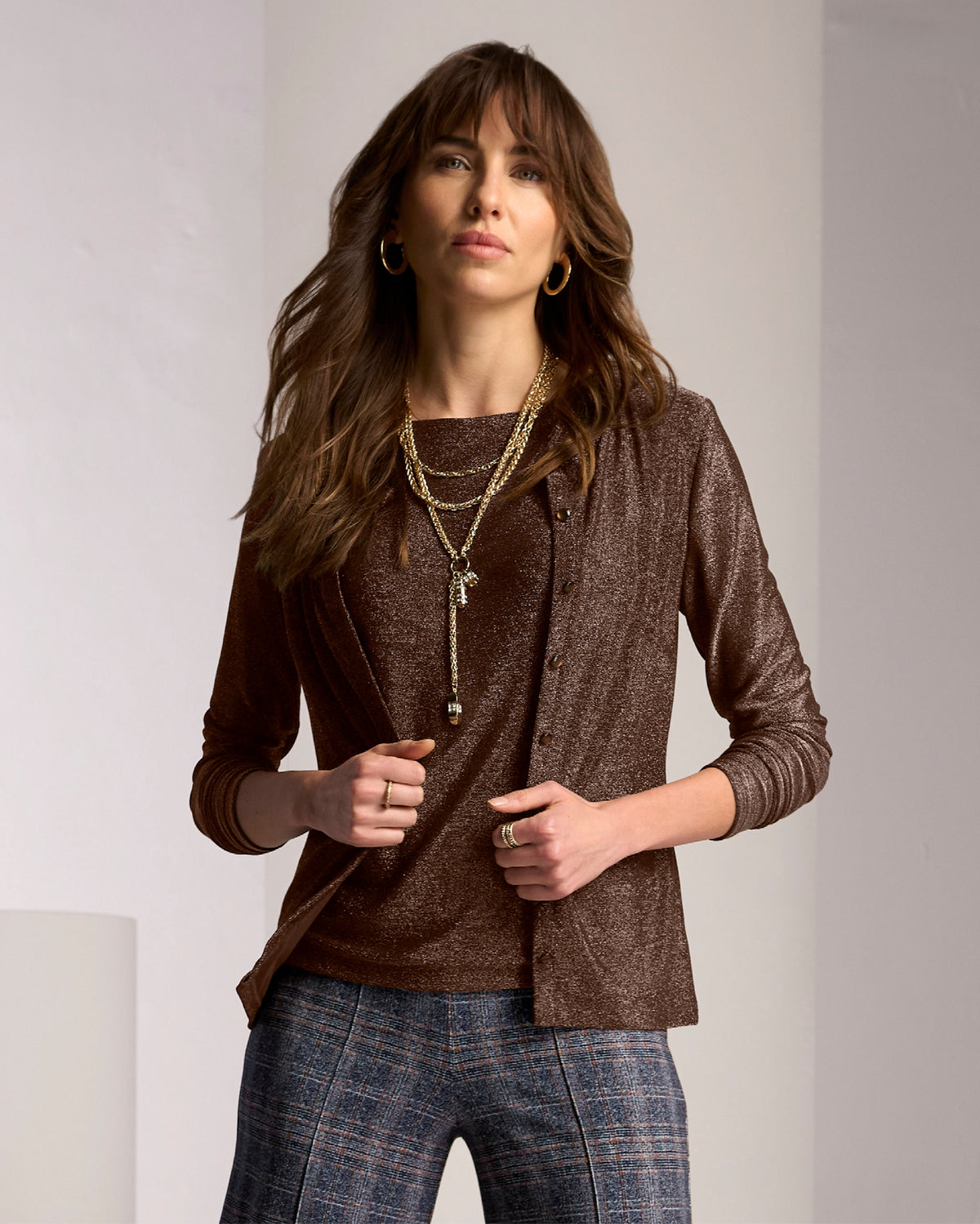 Shimmer Button Up Top Bronze Metallic