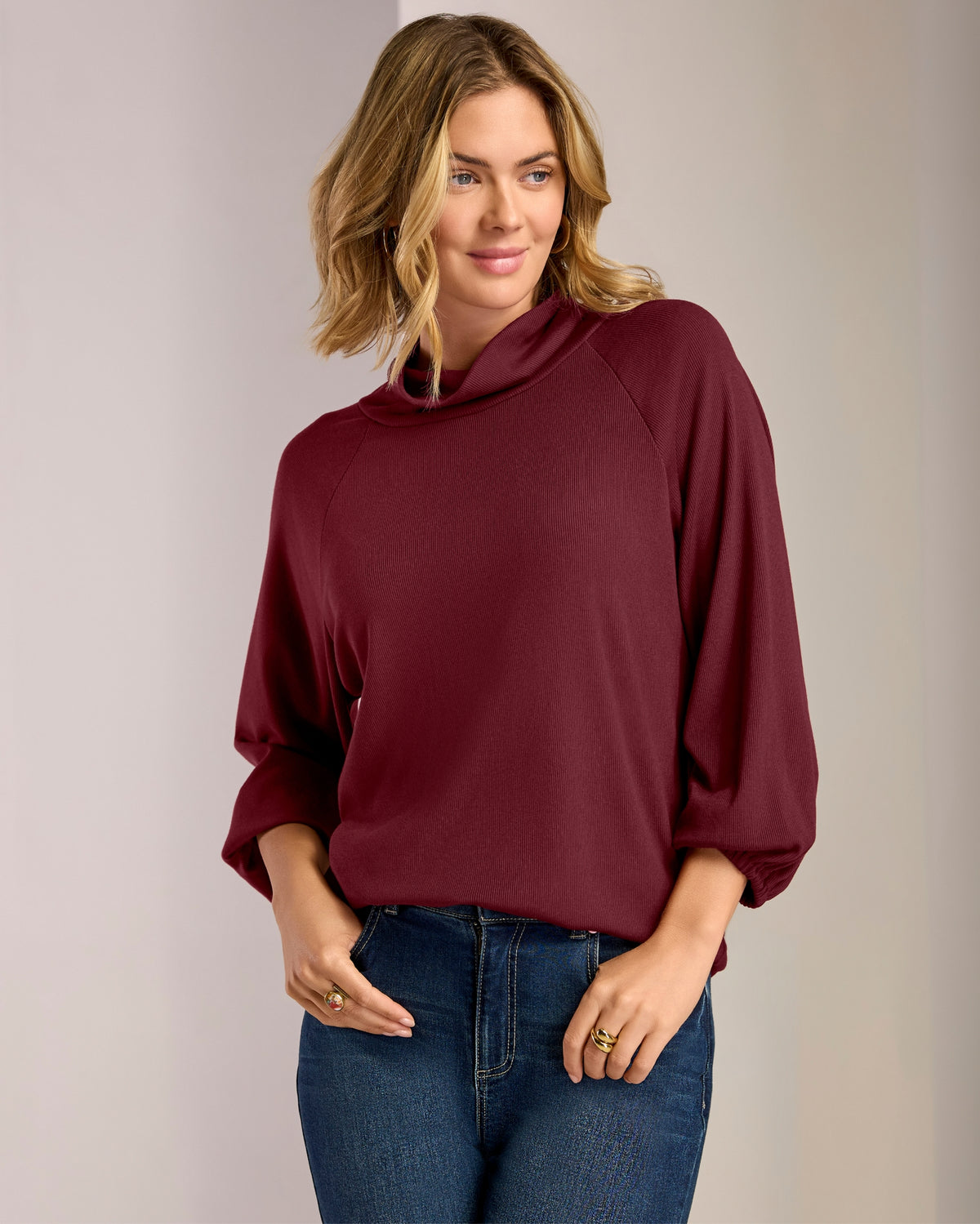 So Essential Ribbed Ruched Sleeve Turtle Neck Top Port