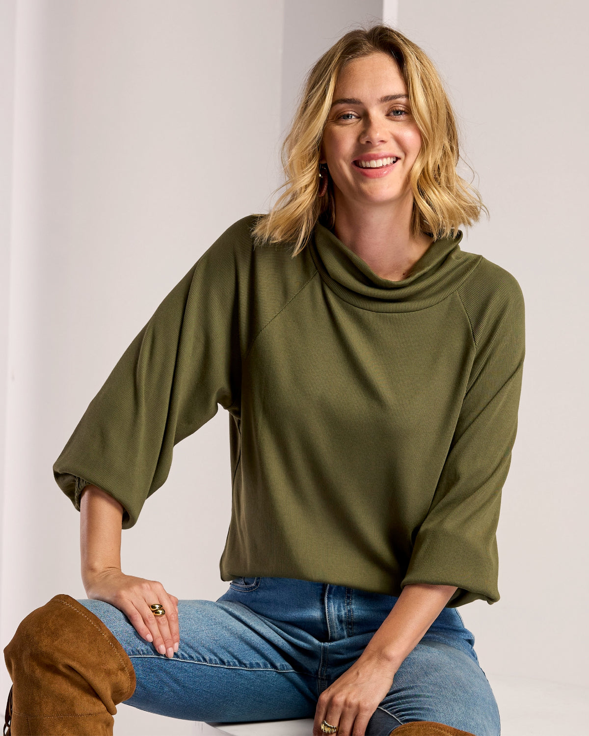 So Essential Ribbed Ruched Sleeve Turtle Neck Top Olive Night