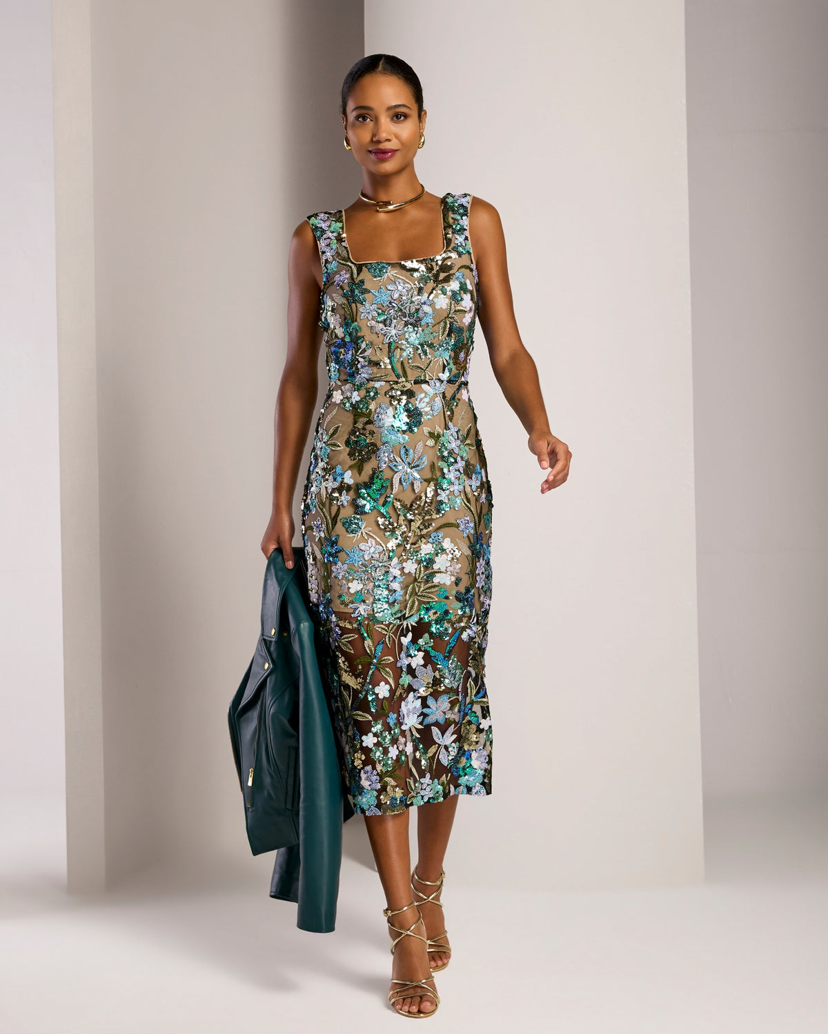 Novelty Floral Sequin Embellished Midi Dress Green/Blue Multi