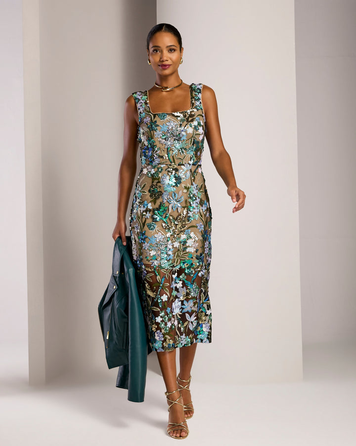 Novelty Floral Sequin Embellished Midi Dress Green/Blue Multi