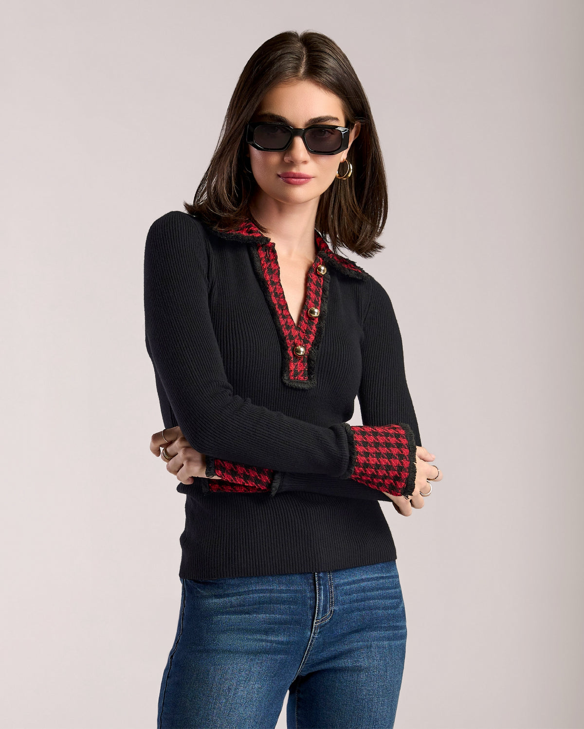 Tweed Trimmed Henley Sweater Black/Red