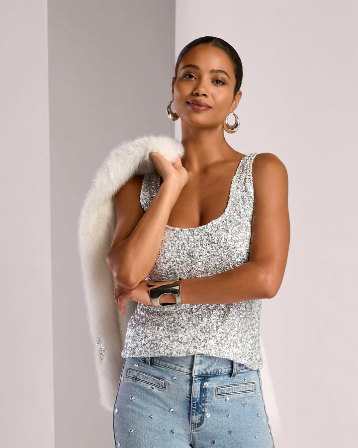 Sequin Scoop Neck Tank Silver Tone