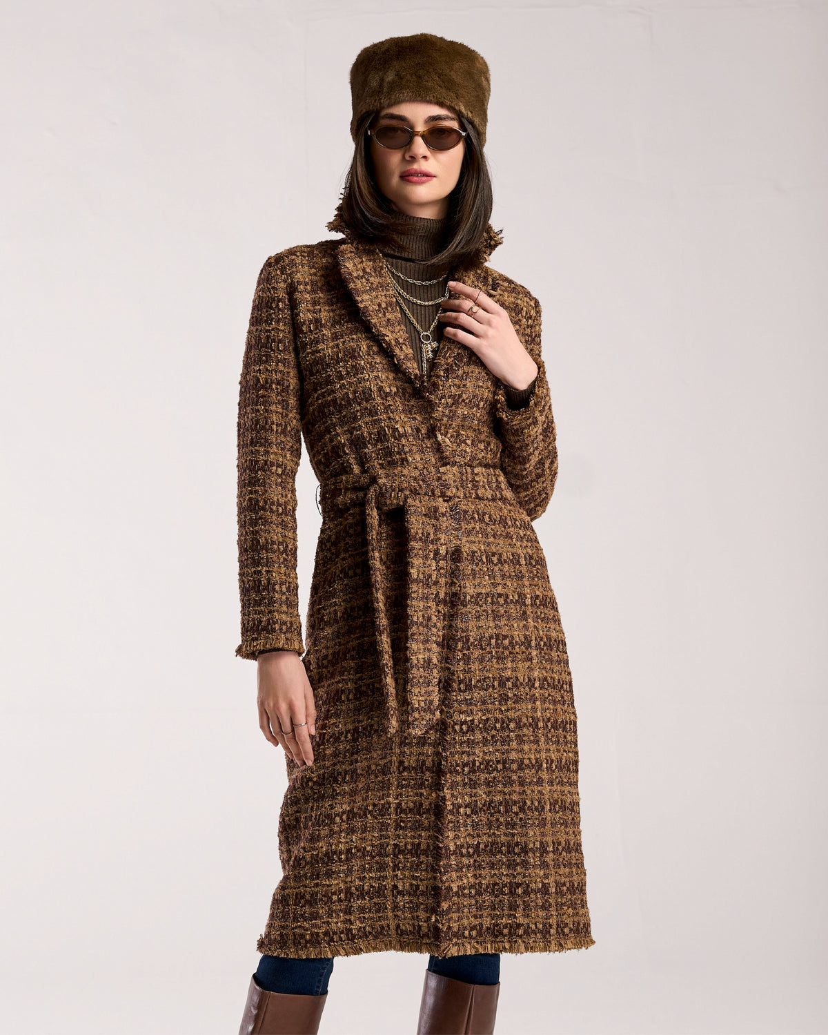 Tweed Duster with Fringe Trim Brown Multi