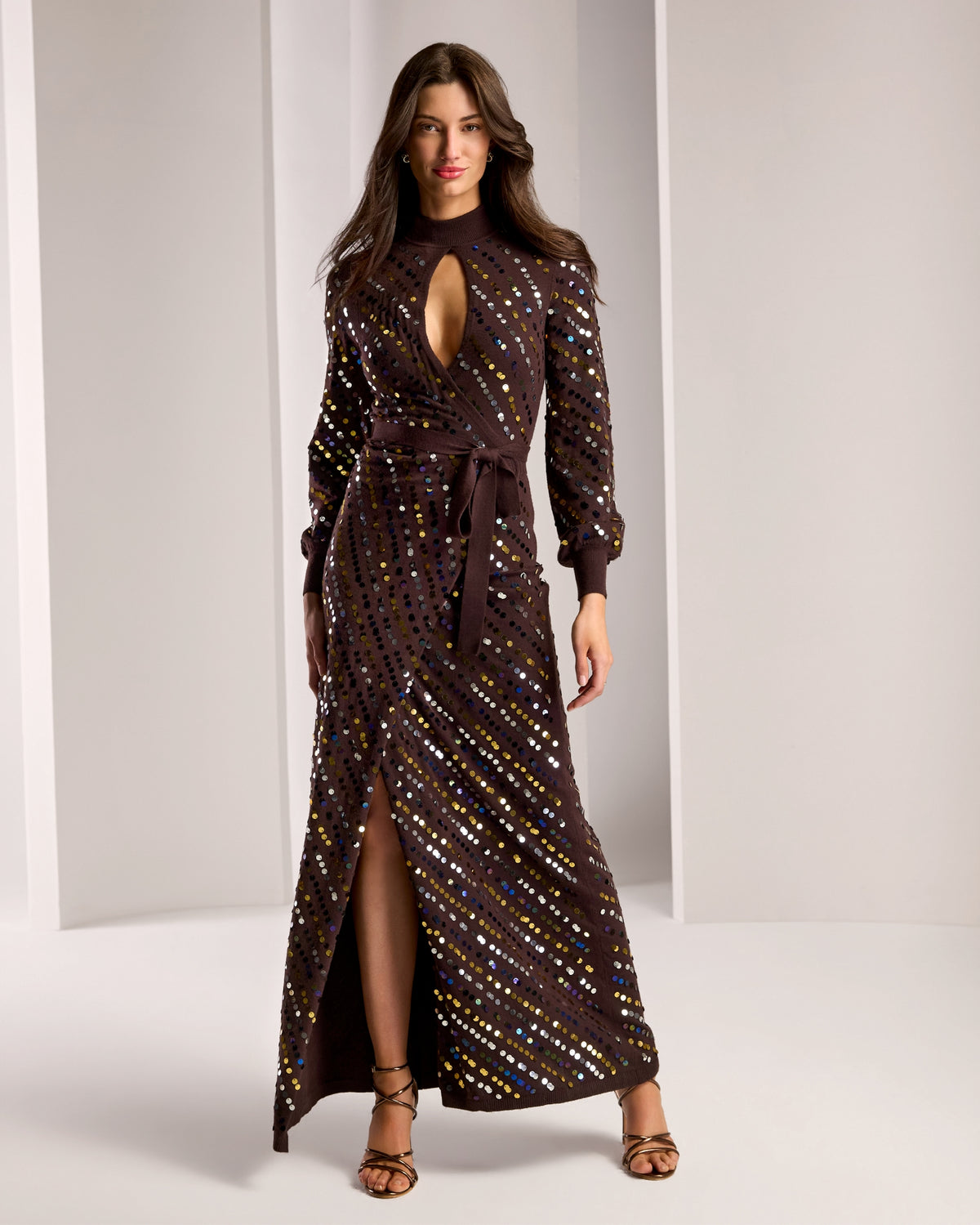 Sequin Keyhole Maxi Sweater Dress Brown Multi