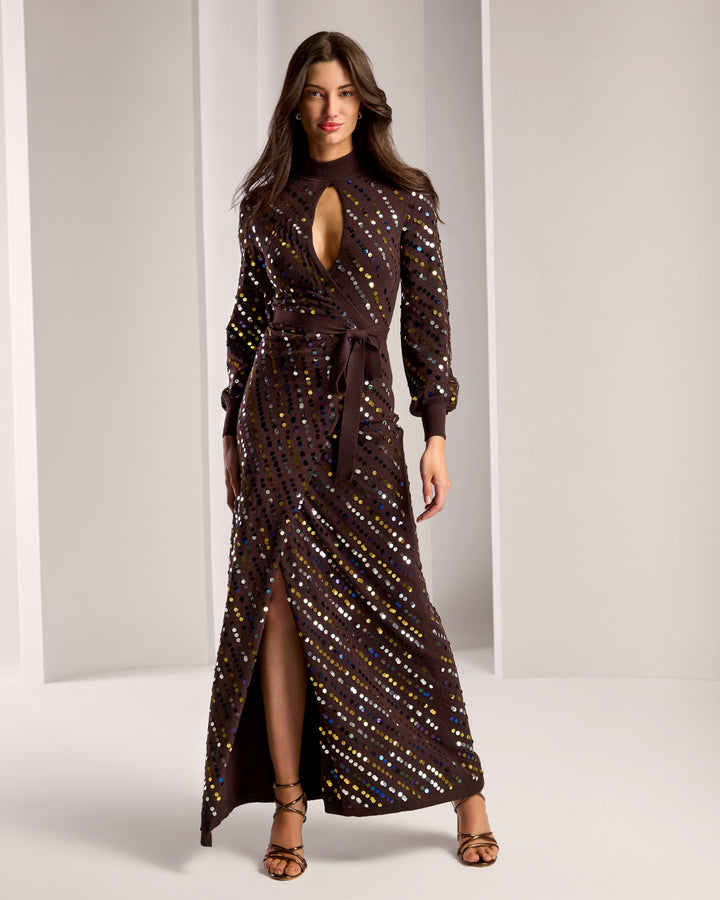 Sequin Keyhole Maxi Sweater Dress Brown Multi