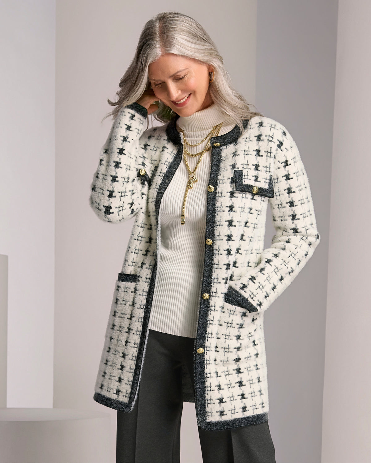 Plaid Plush Coatigan by NVLT Off White/Black