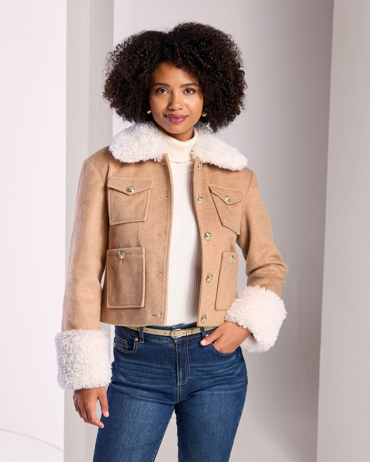Faux Sherpa Trimmed Jacket Camel Multi