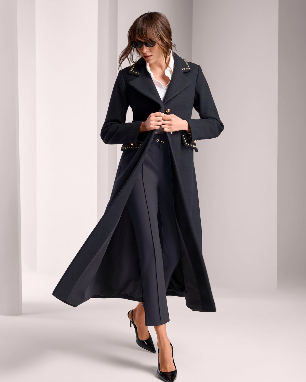 Faux Wool Maxi Coat with Notch Collar and Studs Black