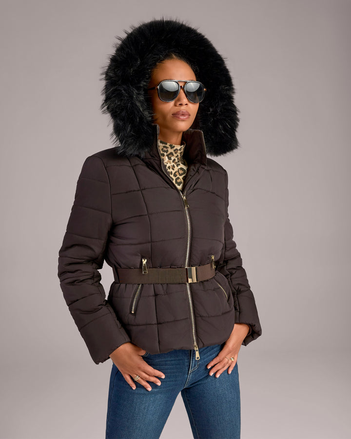 Mid Length Fur Trimmed Puffer Coat Chocolate Torte