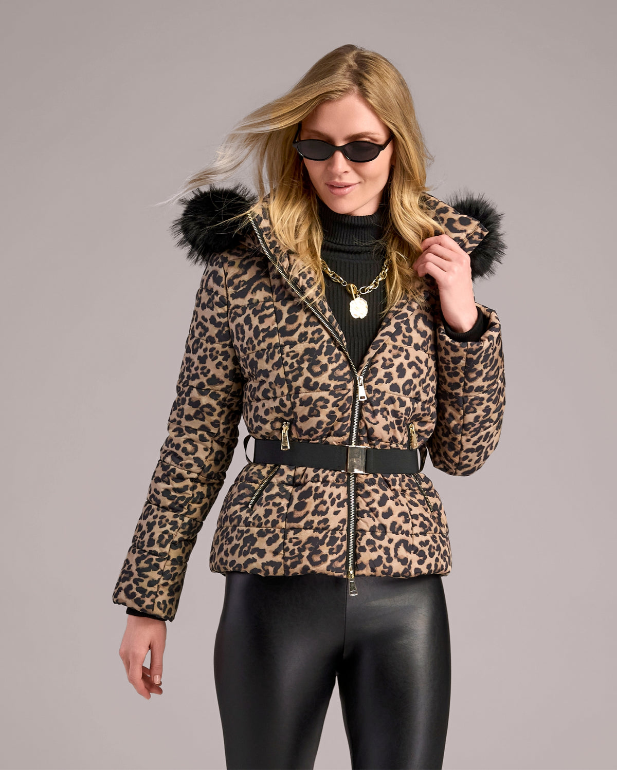 Mid Length Fur Trimmed Puffer Coat Warm Cheetah
