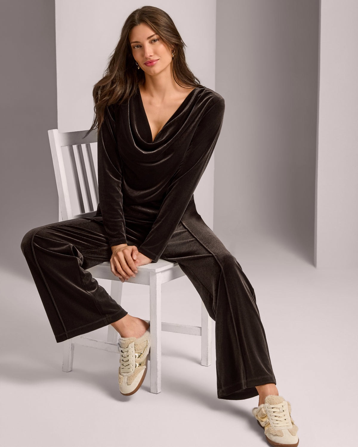 Cowl Neck Velour Set Chocolate Torte