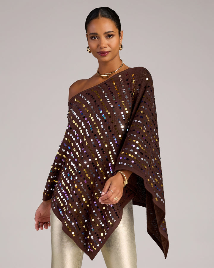 Sequin Embellished Pointelle Poncho Brown Multi