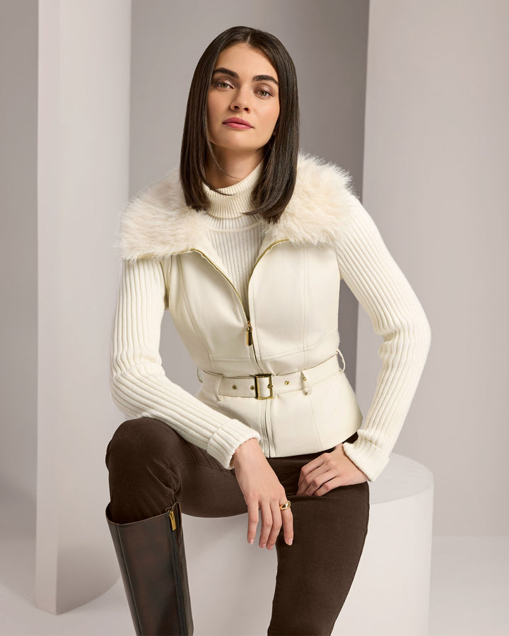 Faux Leather and Faux Fur Trimmed Zip Up Sweater Cream