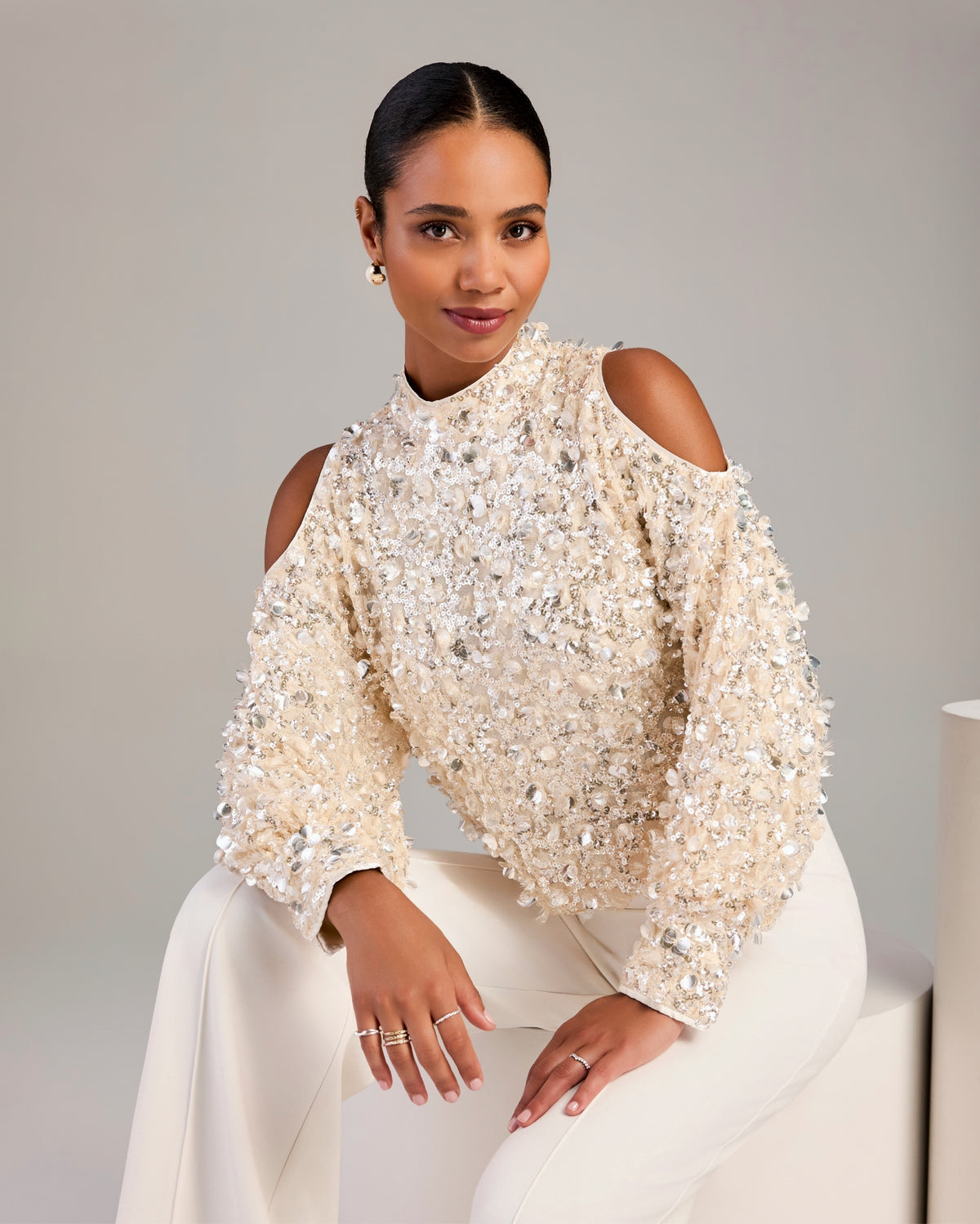 All Over Sequin Embellished Cold Shoulder Top Champagne Multi
