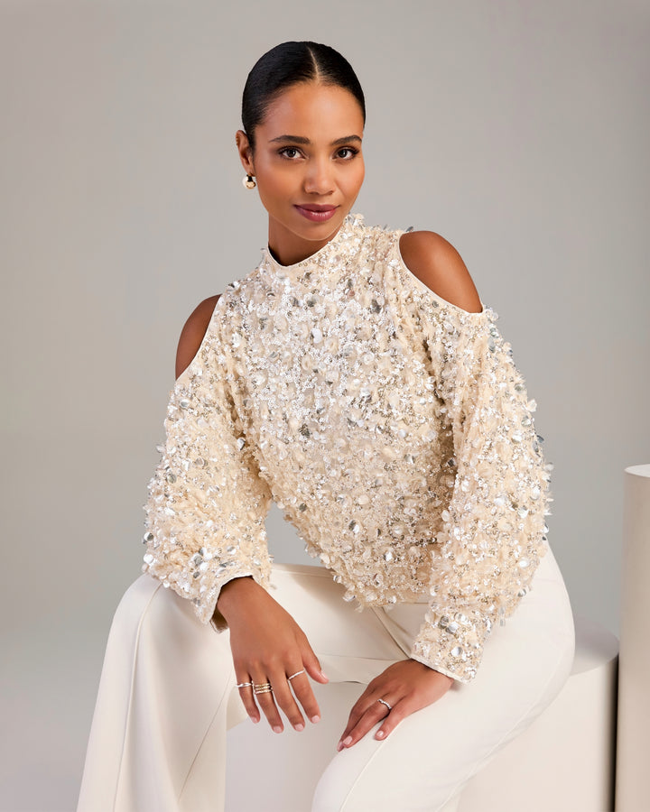 All Over Sequin Embellished Cold Shoulder Top Champagne Multi