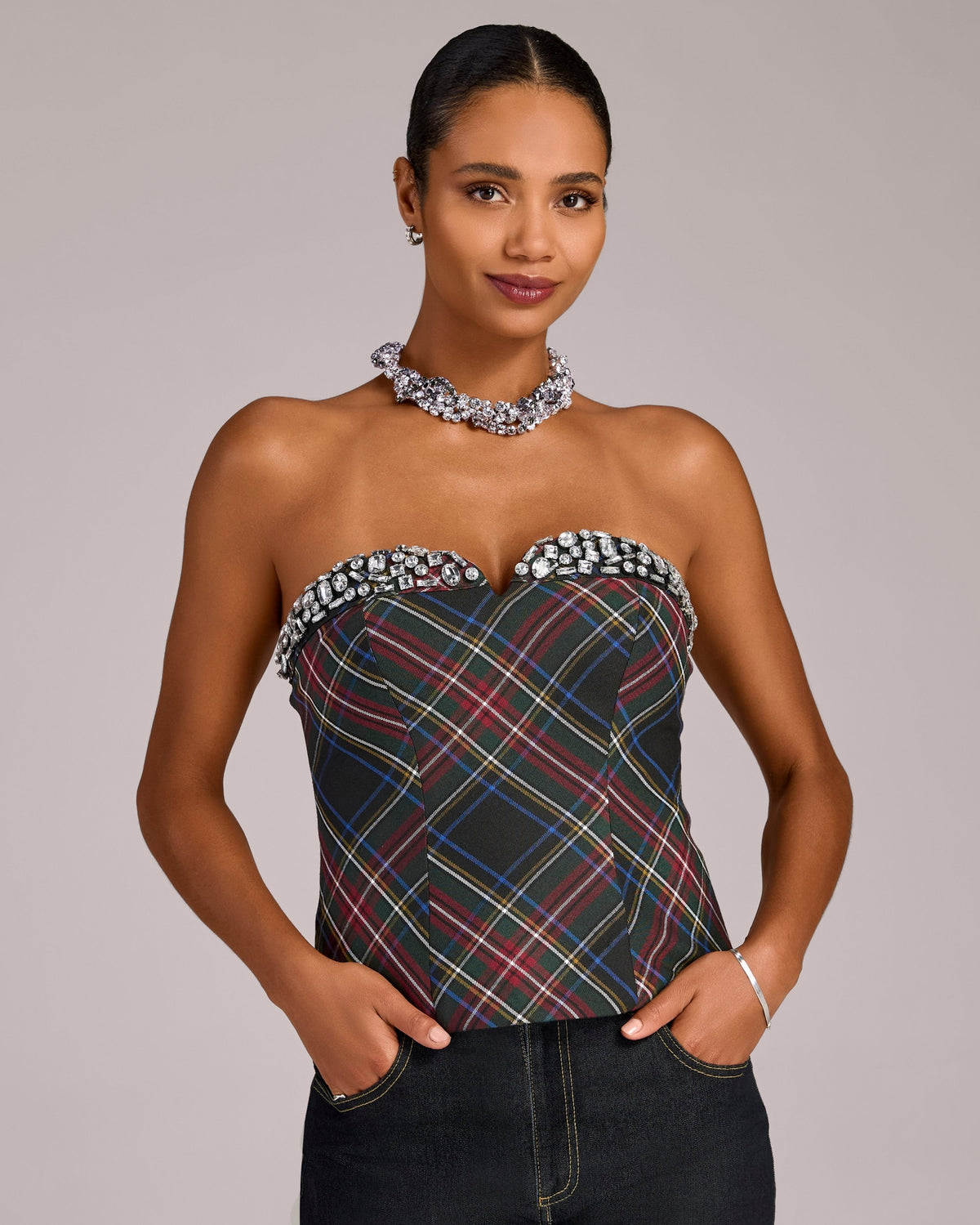 Plaid Embellished Strapless Shell Black Multi