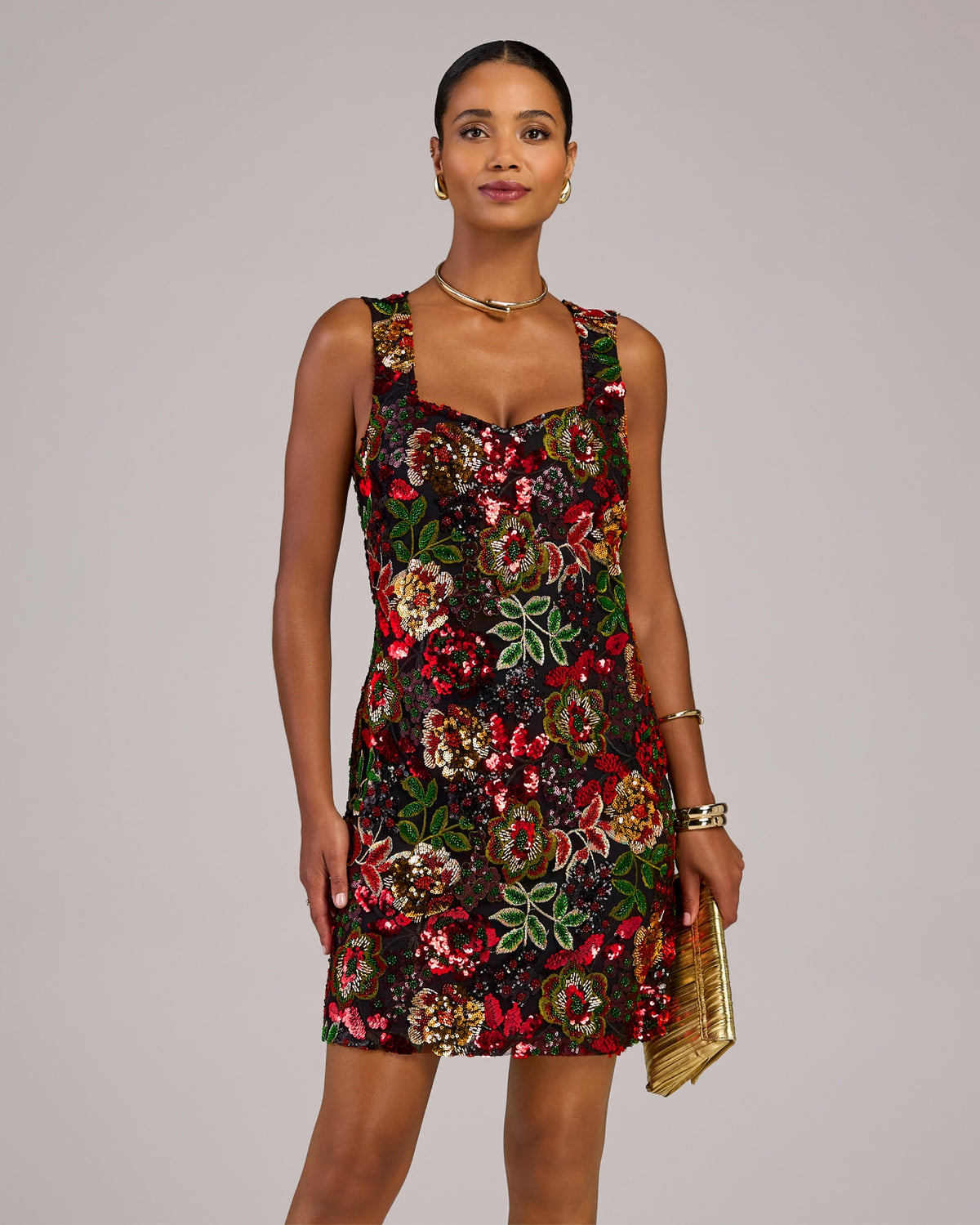 Floral Sequin Embroidered Sheath Dress Red Multi