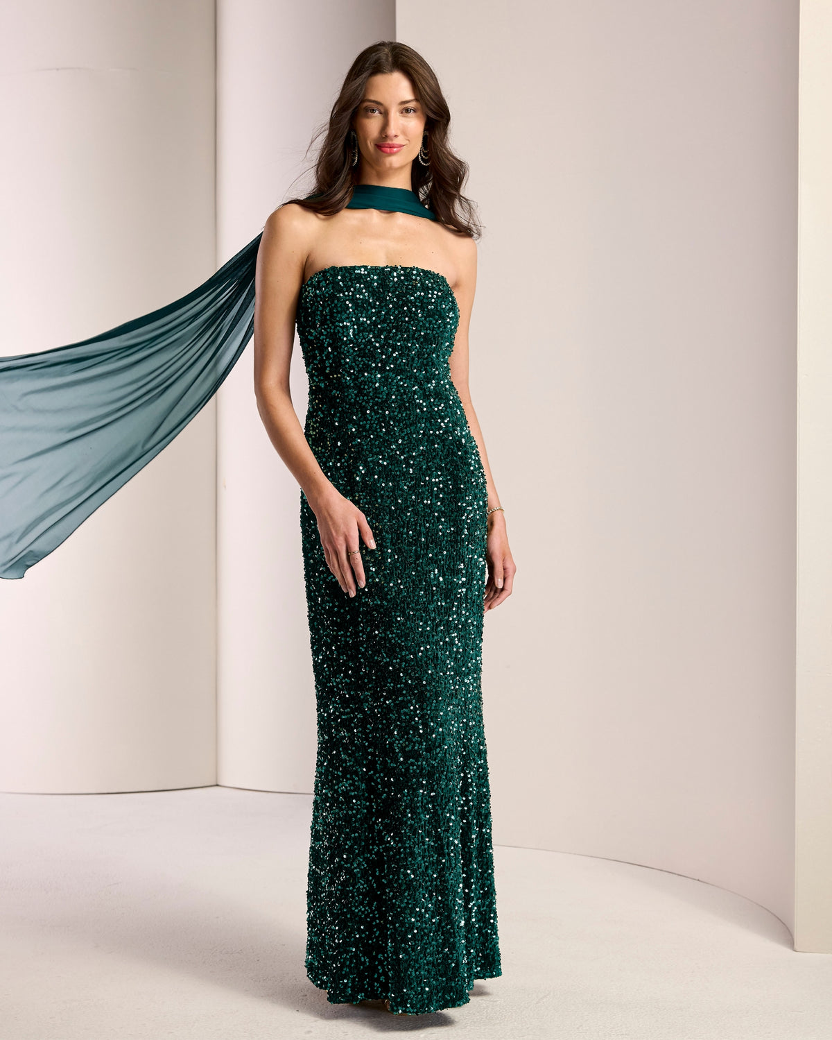 Velvet Sequin Strapless Gown with Scarf Emerald