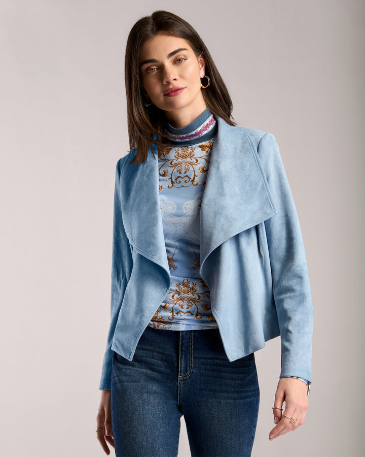 Knit Suede Drape Front Jacket Blue