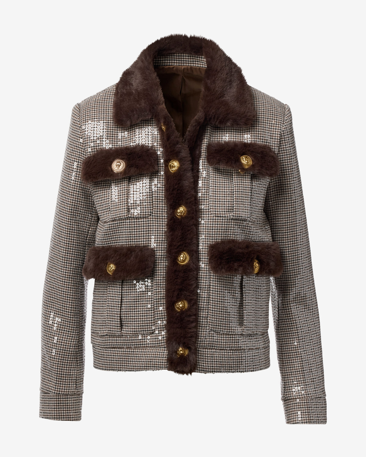 Sequin Plaid Faux Fur Trim Jacket Brown Multi