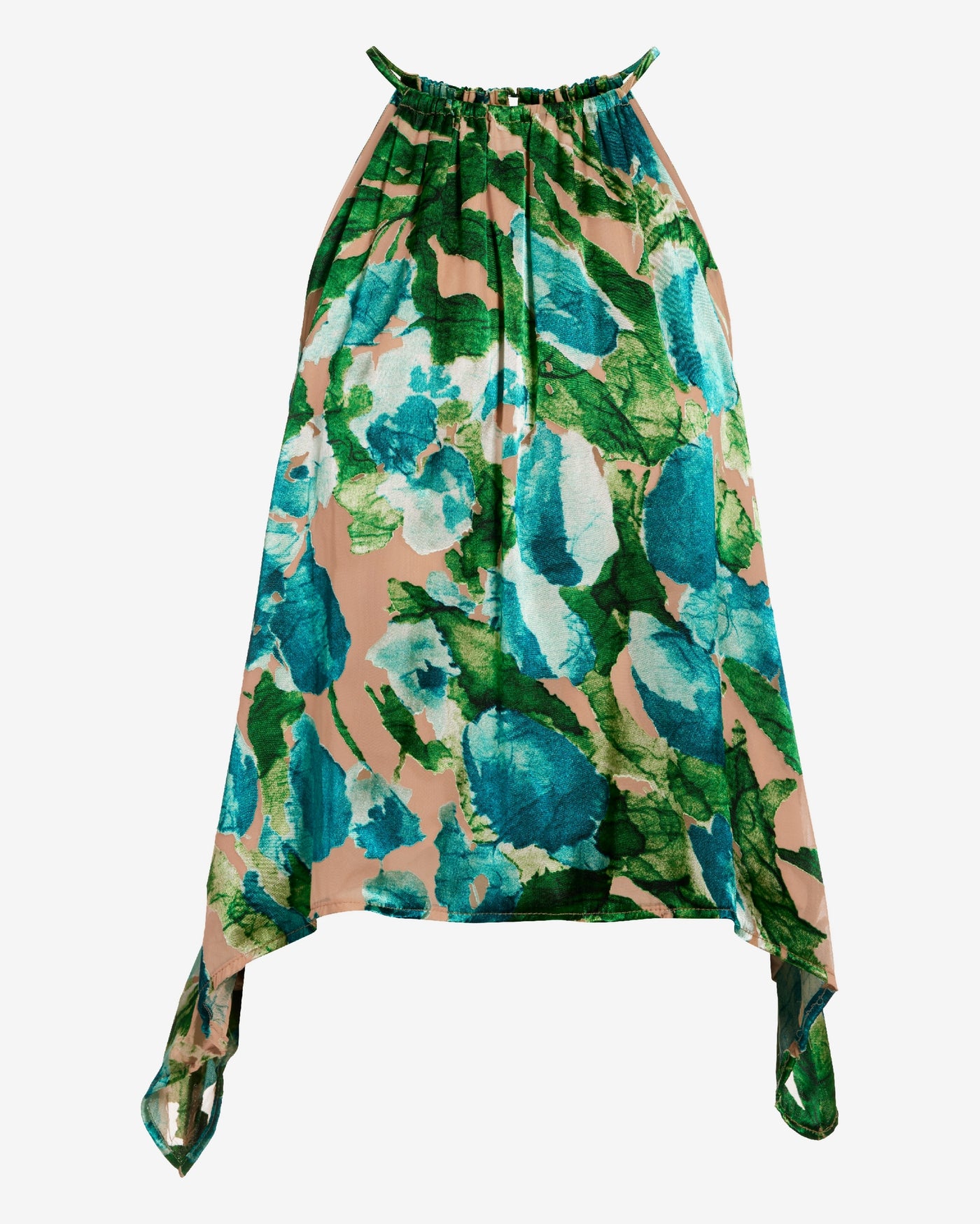 Burnout Print Halter Handkerchief Hem Blouse Blue/Green Multi