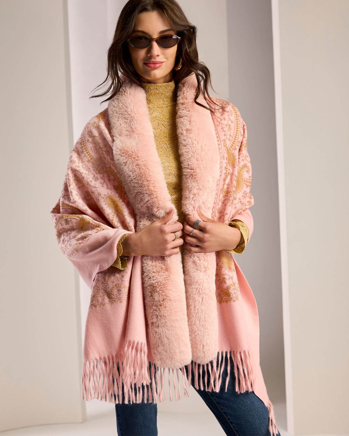 Printed Faux Fur Detail Scarf Blush