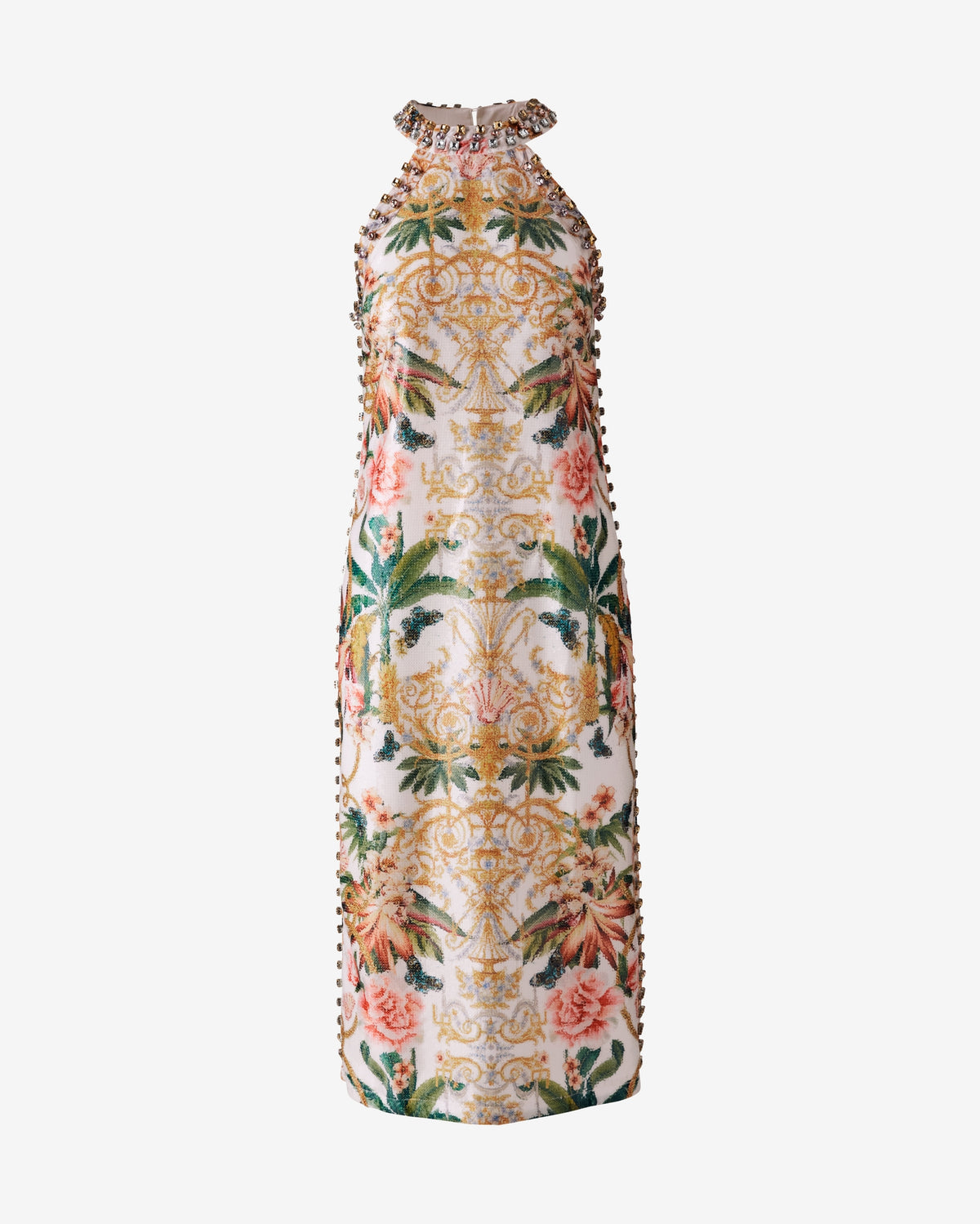 High Neck Printed Gem & Sequin Sheath Dress Vacation at the Lotus