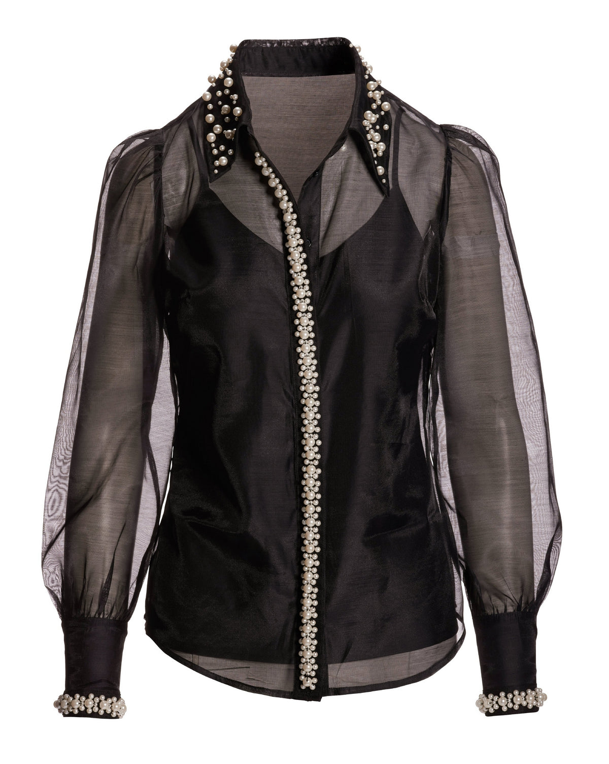 Pearl Embellished Organza Victoria Drama Sleeve Shirt Black