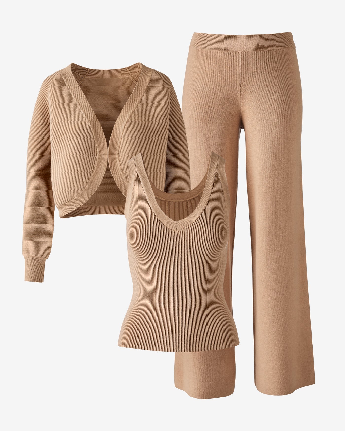 Rib Knit Three Piece Cocoon Shrug and Tank Pant Set Sesame