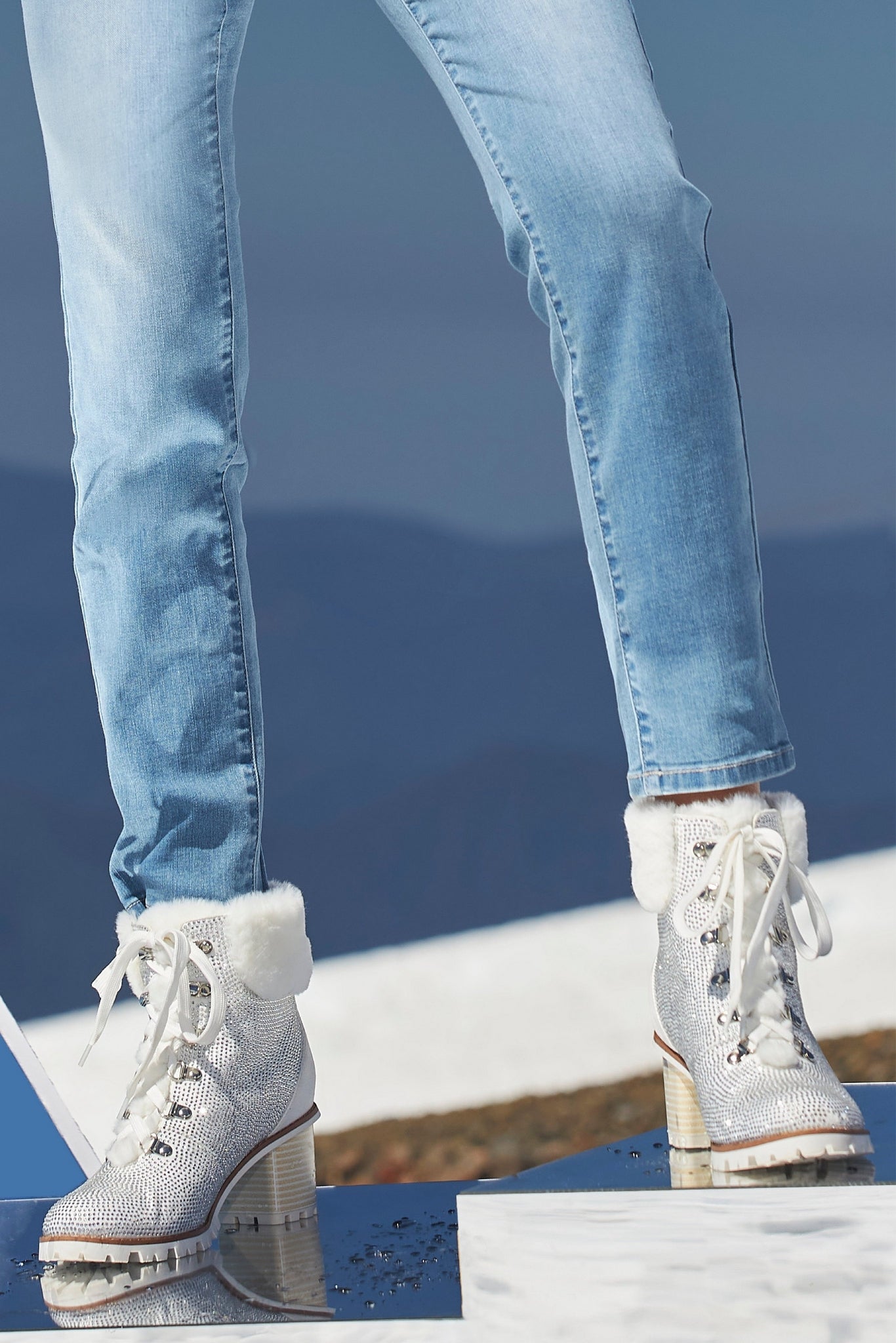 Faux-Fur Embellished Heeled Bootie White