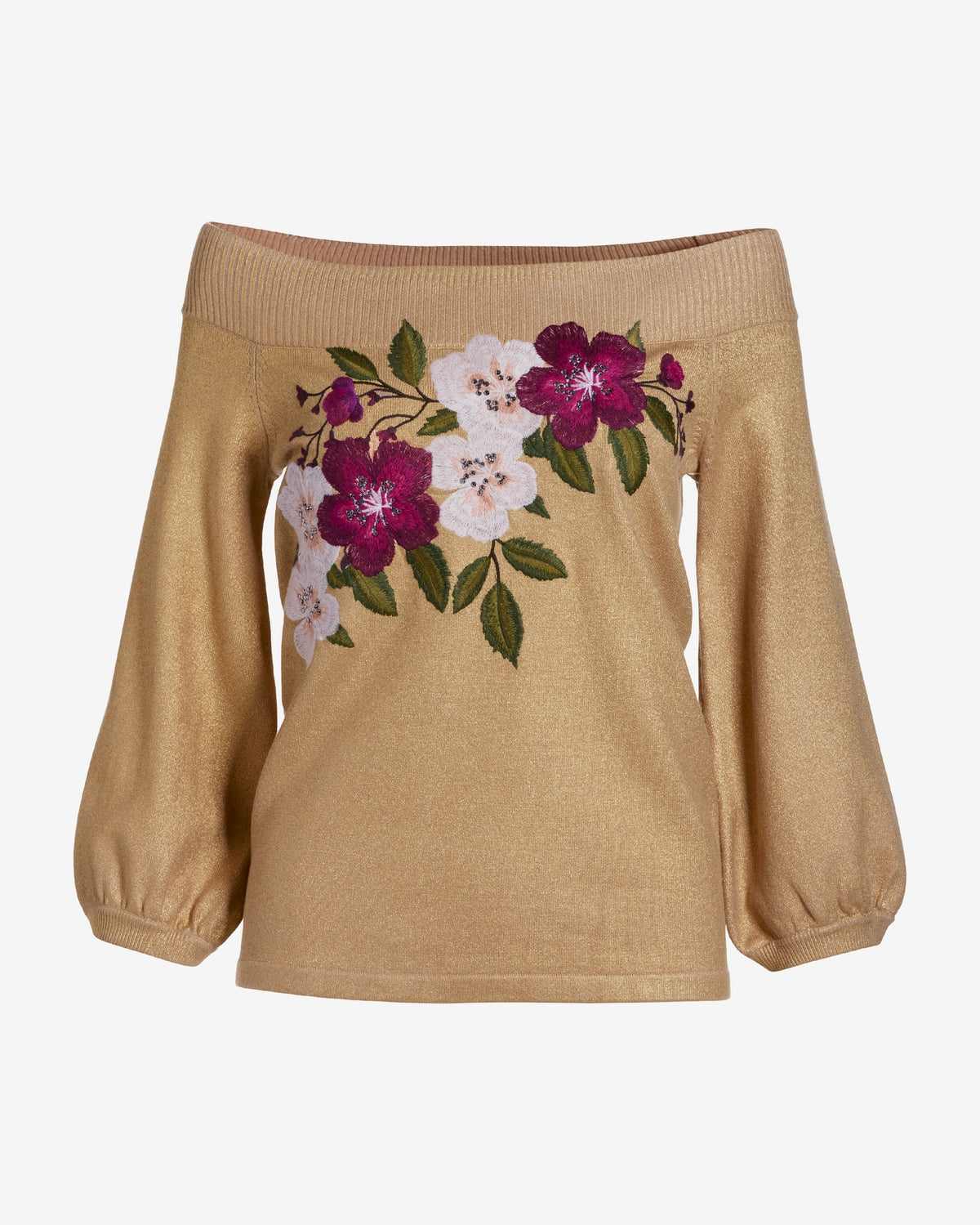 Floral Embroidered Slouchy Sweater Gold