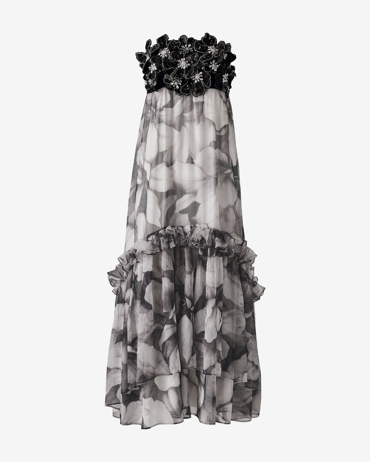 Embellished Floral Applique Strapless Flowy Maxi Dress Iris Silhouette