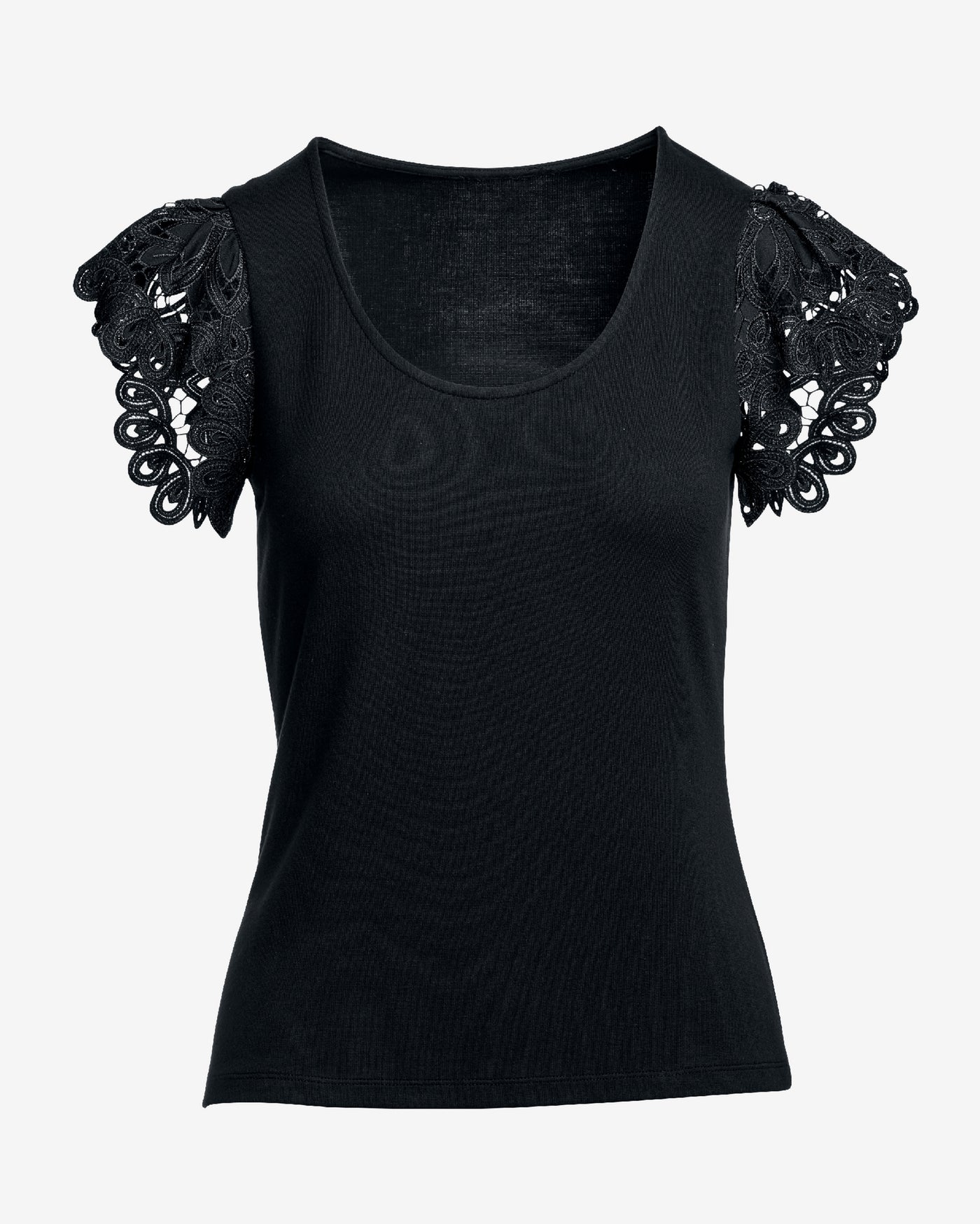 Scallop Lace Sleeve Knit Top Black